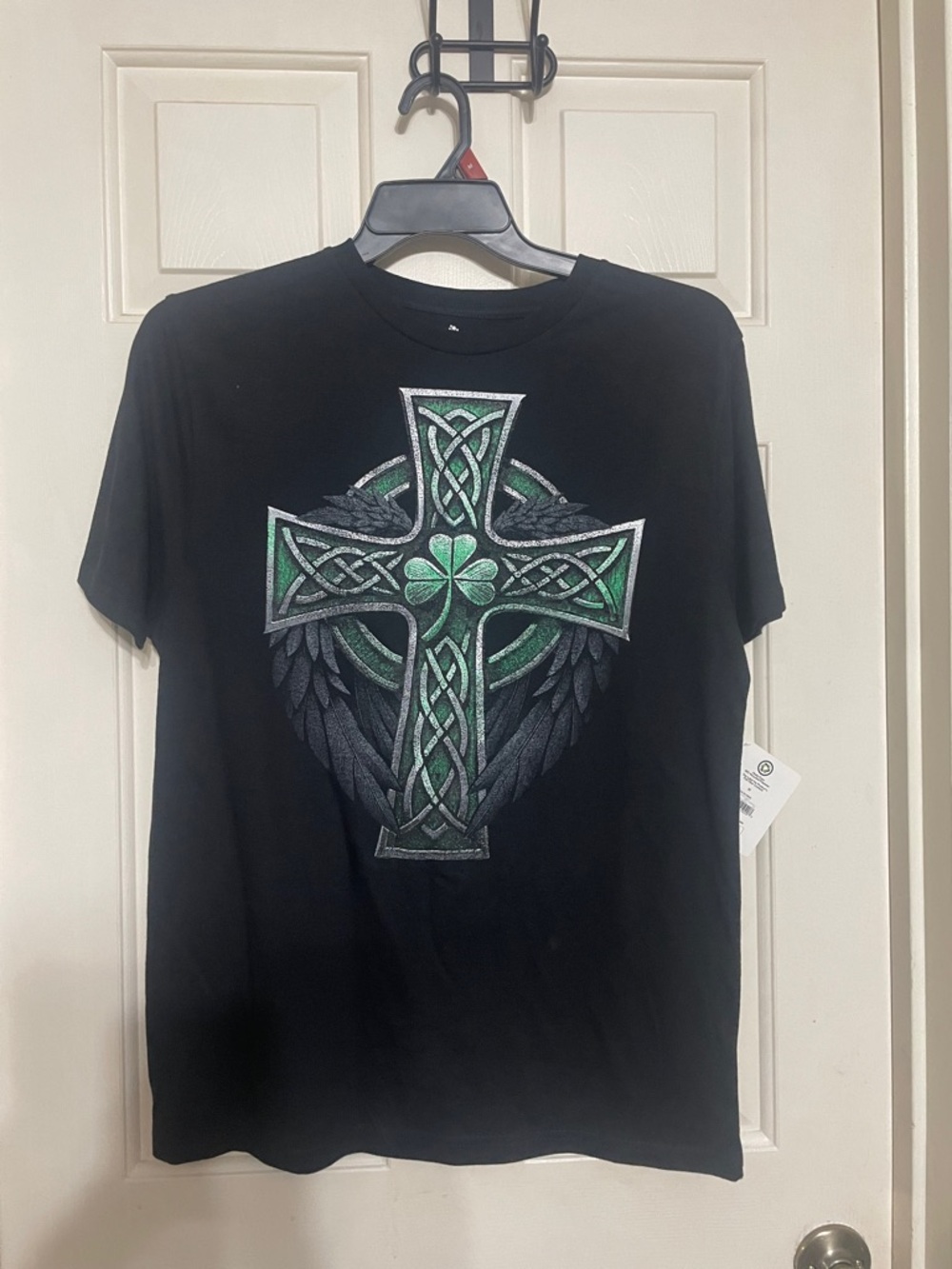 Men's Black T-Shirt with Celtic Cross and Shamrock Graphic